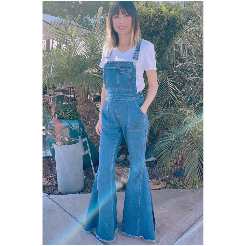 Boho Denim Vintage Style Flared Bell Bottom Wide Leg Overalls - Picture 5 of 6